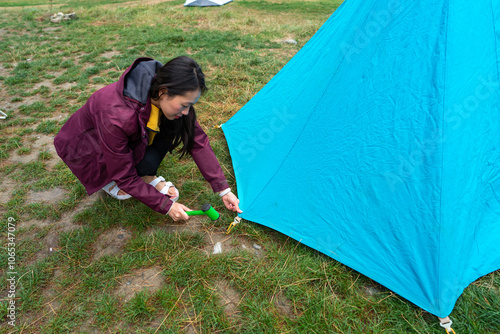 Woman Securing Blue Tent with Pegs at Campsite on Grassy Ground photo