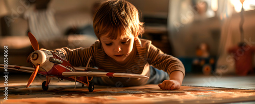 Niño caucasico jugando en su cuarto con un avion de juguete photo