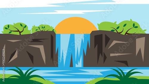 Tropical Rain Forest with Waterfall Landscape. Nature and outdoor exotic locations concept illustration