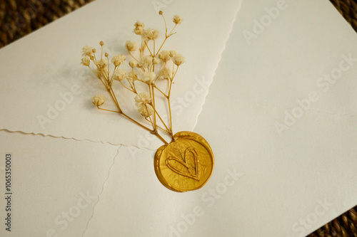 Elegant wedding seal and dried flowers on invitation photo