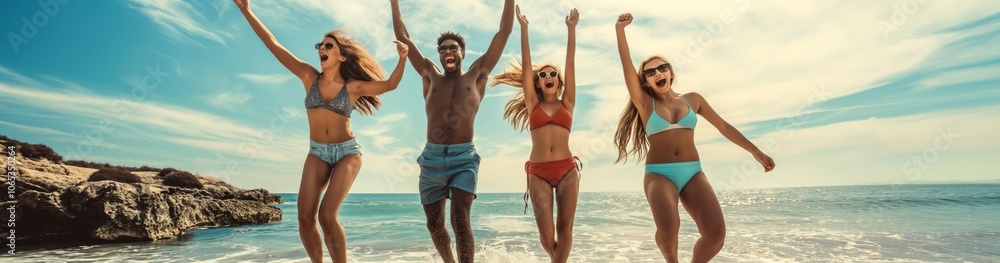 A vibrant group of friends in swimwear joyfully jumping together on a sandy beach with clear blue skies and ocean waves in the background. Perfect imagery for summer, youth, freedom, and fun.