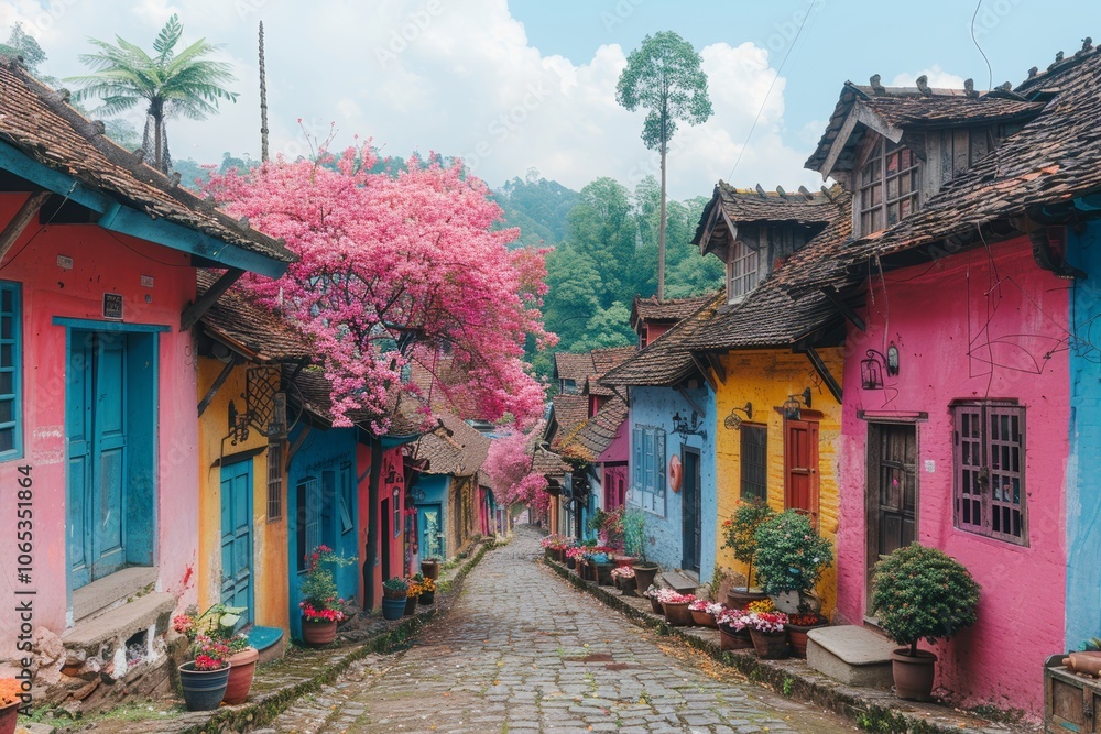 Fototapeta premium Vibrant tropical street with colorful houses and lush palm trees under a clear blue sky
