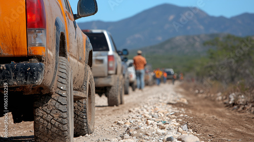 line of trucks waits on rocky road at border checkpoint, surrounded by mountains