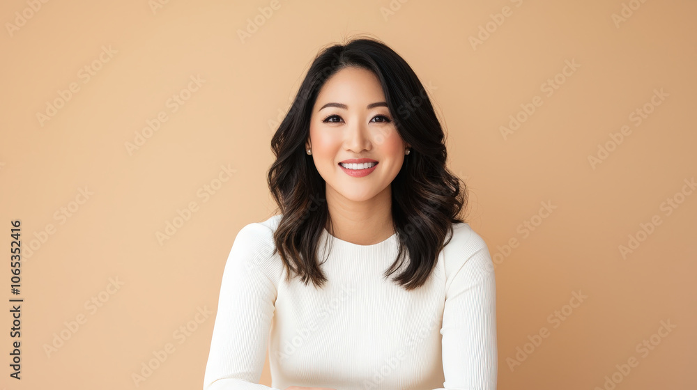 Obraz premium smiling woman with long dark hair, wearing white top, sitting at table against beige background, exuding warmth and confidence