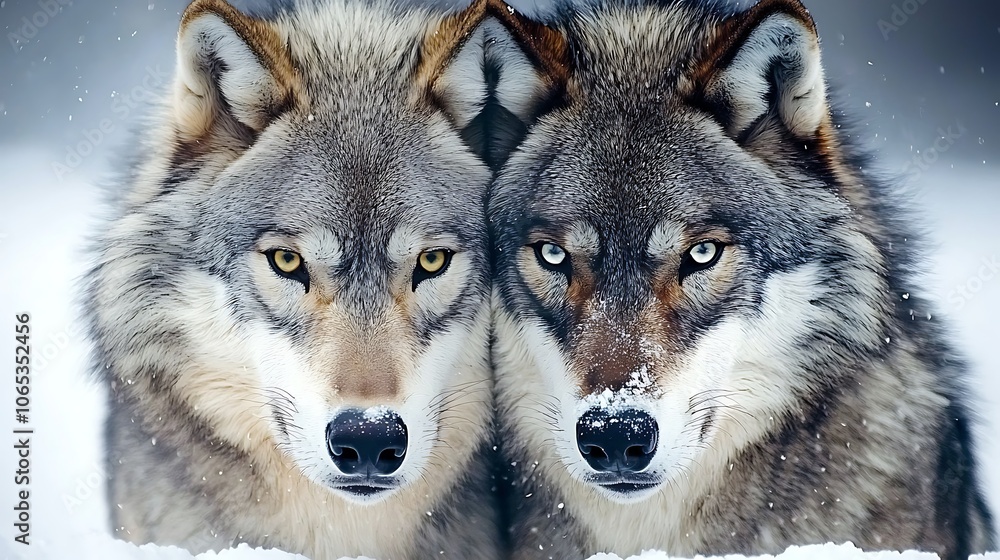 Fototapeta premium Two Wolves in a Snowy Landscape, Close Up of their Faces.