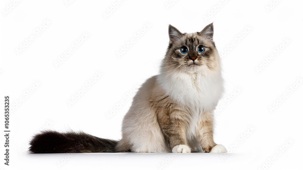 Fototapeta premium Ragamuffin cat sitting on white background.