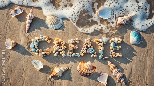 A beach scene with a large pile of rocks and shells, with the word 