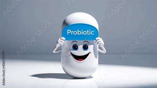 Cartoon happy character capsule with sign inscription probiotic