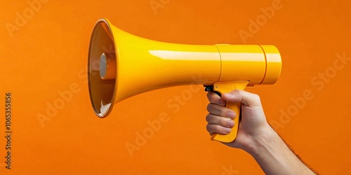 A hand holding a bright yellow megaphone against an orange background, symbolizing communication and attention-grabbing announcements. photo