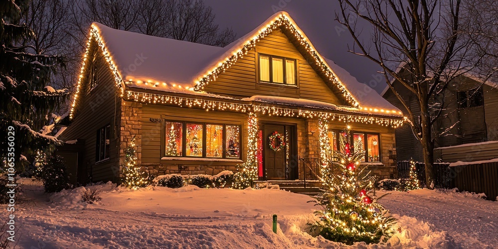 Fototapeta premium Cozy cabin-style house with warm Christmas lights glowing against a snowy background.