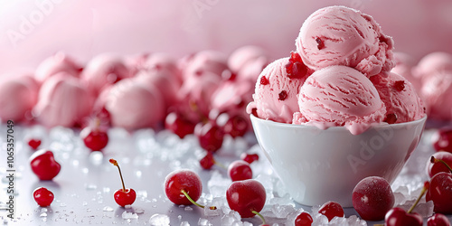 Cherry ice cream float served in a white bowl with cherry scatterd around. photo