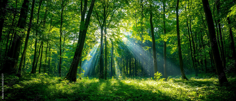 Fototapeta premium Sunlight beams through dense forest, illuminating lush greenery and creating serene atmosphere. vibrant foliage and tranquil setting evoke sense of peace and natural beauty