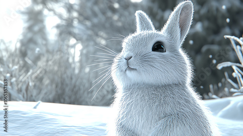 A fluffy white rabbit sitting in a snowy landscape, showcasing its soft fur and expressive features against the cool backdrop of winter scenery. photo