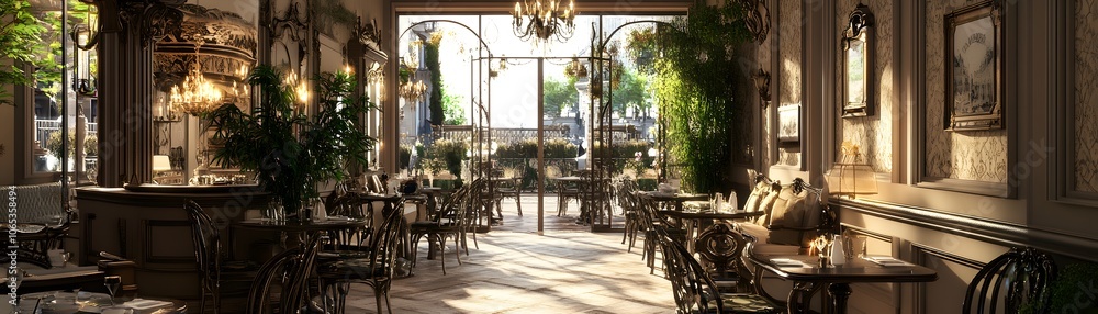 Fototapeta premium Interior of a Luxurious Restaurant with French Doors Leading to a Patio