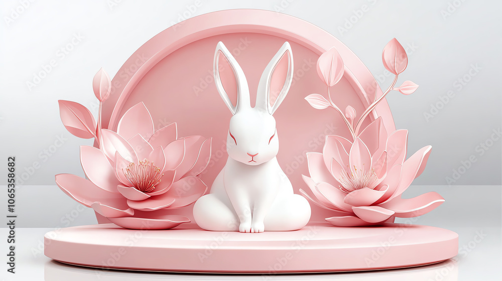 A serene white bunny surrounded by delicate pink lotuses, creating a gentle and peaceful atmosphere, ideal for spring themes and calming decor.