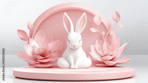Obraz na płótnie A serene white bunny surrounded by delicate pink lotuses, creating a gentle and peaceful atmosphere, ideal for spring themes and calming decor. w salonie