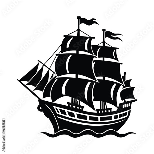  A pirate ship silhouette vector illustration on white background.