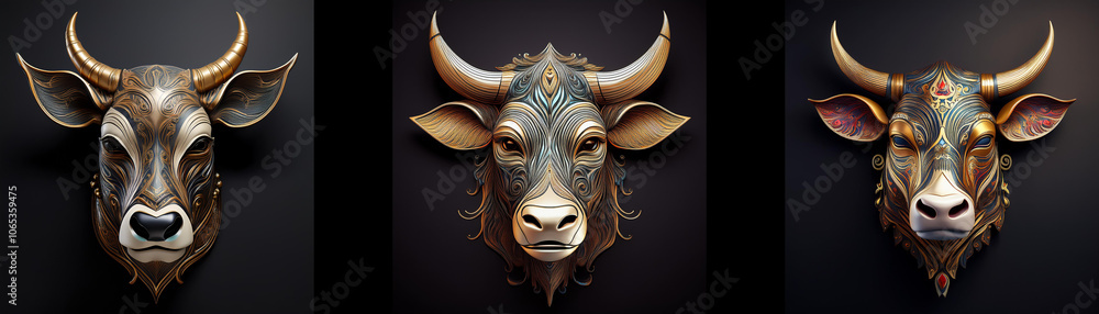 Obraz premium Three intricately decorated bull masks are isolated against a black background.
