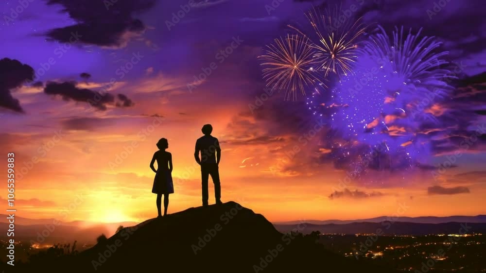 Romantic Fireworks at Sunset: A Couple's Silhouette Against a Breathtaking Sky Romantic Fireworks at Sunset: A Couple's Silhouette Against a Breathtaking Sky
