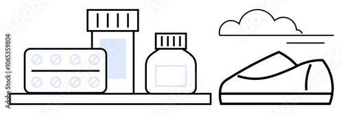 Medication bottles, blister pack, and running shoe reflecting health and wellness commitment. Ideal for healthcare, fitness, pharmacy, wellness programs, health campaigns, lifestyle promotion