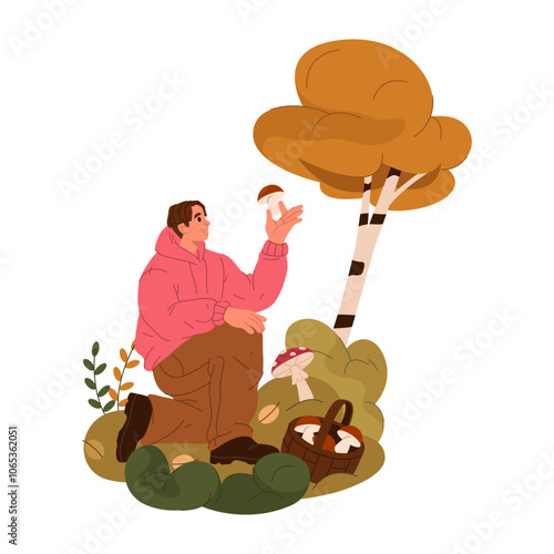 Mushroom hunting or mushrooming. Vector illustration or banner. Mushroomer picks boletus in the forest. Autumn outdoor activity or hobby. Edible white mushrooms in a basket. Seasonal fungi foraging.