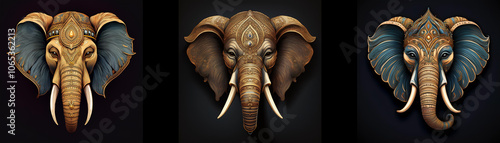 Three elephant heads with ornate designs in gold and blue on an isolated black background. photo