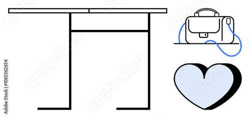 Desk with clean lines, briefcase with shoulder strap, and a stylized heart. Ideal for business, office settings, organization, productivity, professional themes, work-life balance, and creativity