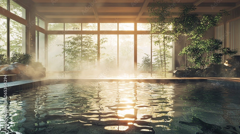 Fototapeta premium Relaxing indoor spa scene with a tranquil pool, warm sunlight streaming through large windows, and lush greenery creating a serene atmosphere.