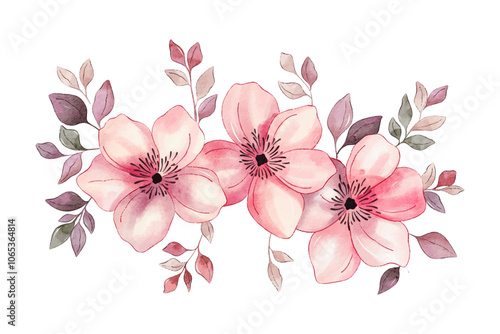 Vector watercolour floral composition with pink flowers and leaves. Wedding floral arrangement. 