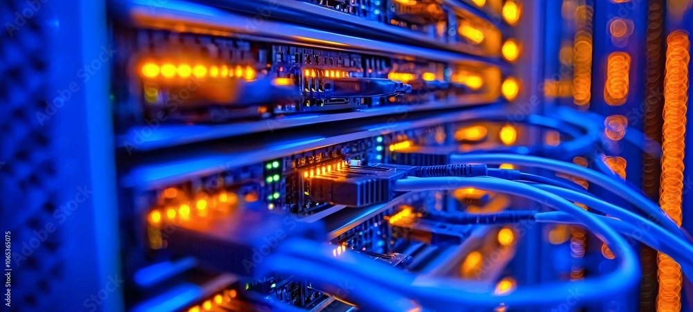 Close-up of server cables connected to hardware, illuminated by blue and orange lights, showcasing modern data center technology. Close-up of server cables connected to hardware, illuminated by blue and orange lights, showcasing modern data center technology.