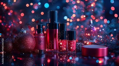 Makeup products presented in a sparkling, christmas theme arrangemen photo