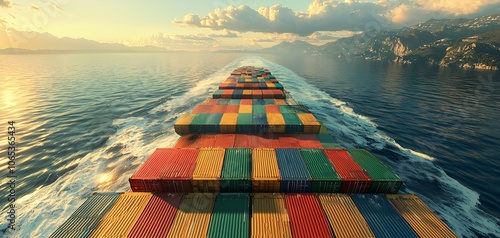 Aerial view of a large cargo ship navigating through calm waters, surrounded by mountains. The ship is covered in colorful shipping containers. photo