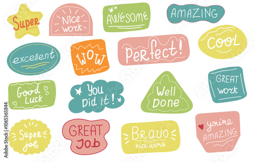Funny encouragement stickers. Job and great job stickers vector illustration. School reward, encouragement sign, stamp. Educational kids design.