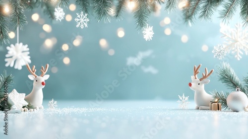 Festive scene with reindeer figurines among snowflakes and Christmas decorations, ideal for holiday themes.