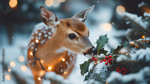 curious deer munches on holly under snowy winter scene