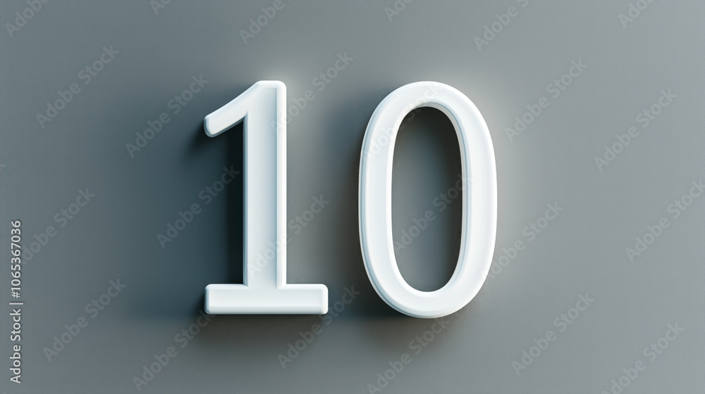 3D white number ten on gray background with soft lighting creating shadows for modern and minimalistic appearance 3D white number ten on gray background with soft lighting creating shadows for modern and minimalistic appearance
