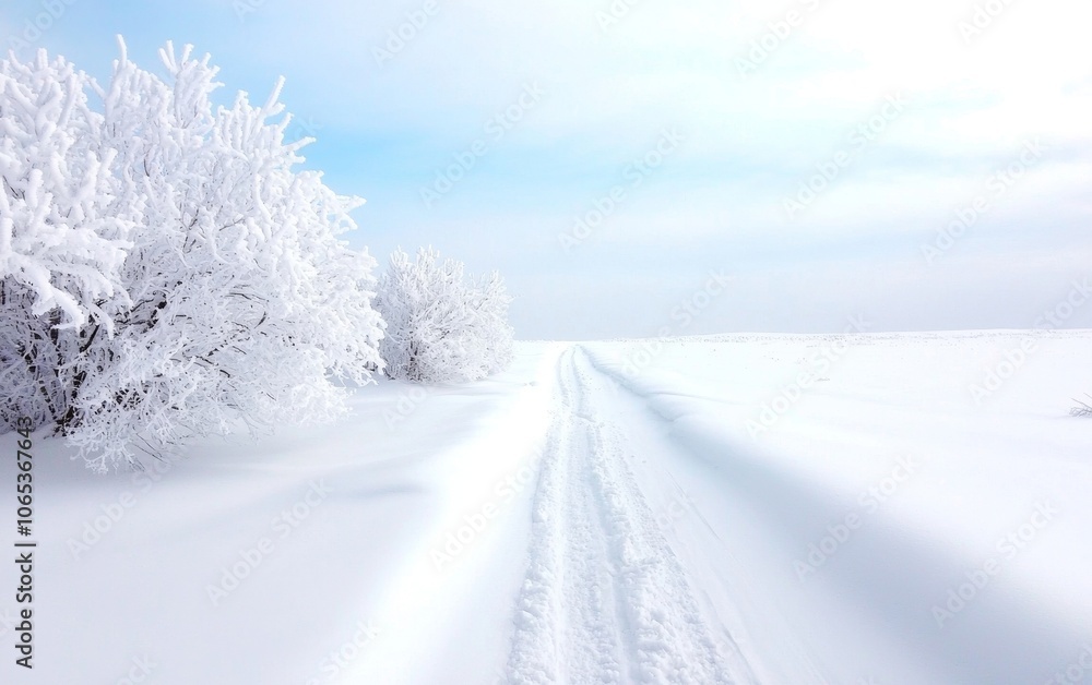 Obraz premium Winter scene with snow-covered trees and a clear sky, depicting a tranquil and serene landscape.