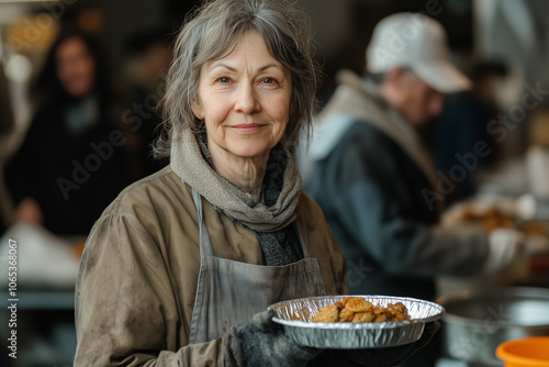 A homeless woman with grey with a plate in food distribution center photo