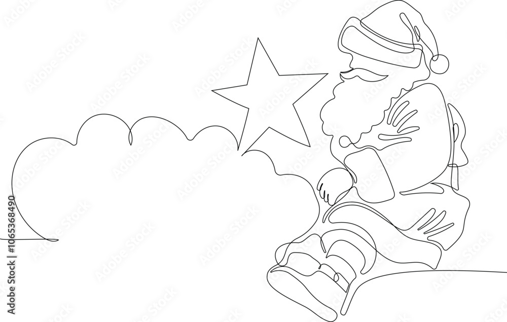 Obraz premium Outlined Cute Santa Claus Cartoon Character With A Sack Full Of Gifts. Vector Hand Drawn Illustration. One continuous line drawing Santa Claus on reindeer and sled. concept for Christmas and New Year