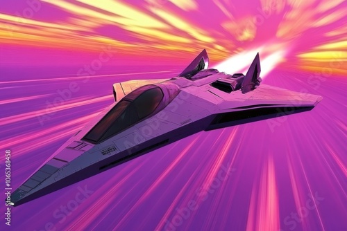 A futuristic fighter jet with angular design flying at supersonic speed