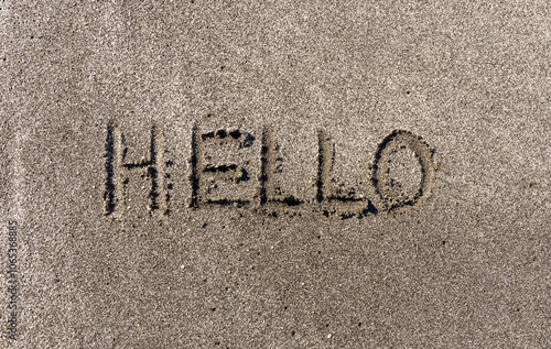 Business hello and welcome concept. Concept word Hello written on beautiful ocean sand beach. Beautiful ocean sand beach background, copy space. Business hello and welcome concept.