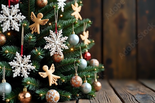 Polish Christmas tree with intricate wycinanki snowflakes, opłatek wafers, traditional glass ornaments, and small straw angels, creating a rustic and festive holiday atmosphere, copy space at right photo