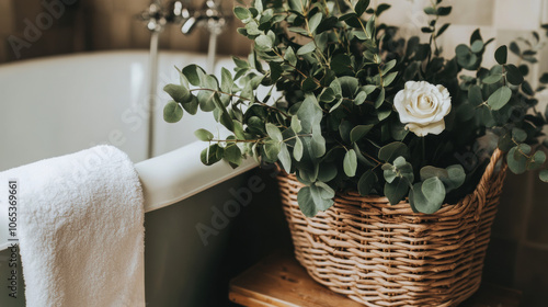 woven basket filled with fresh eucalyptus branches and single white rose, creating sense of tranquility and relaxation