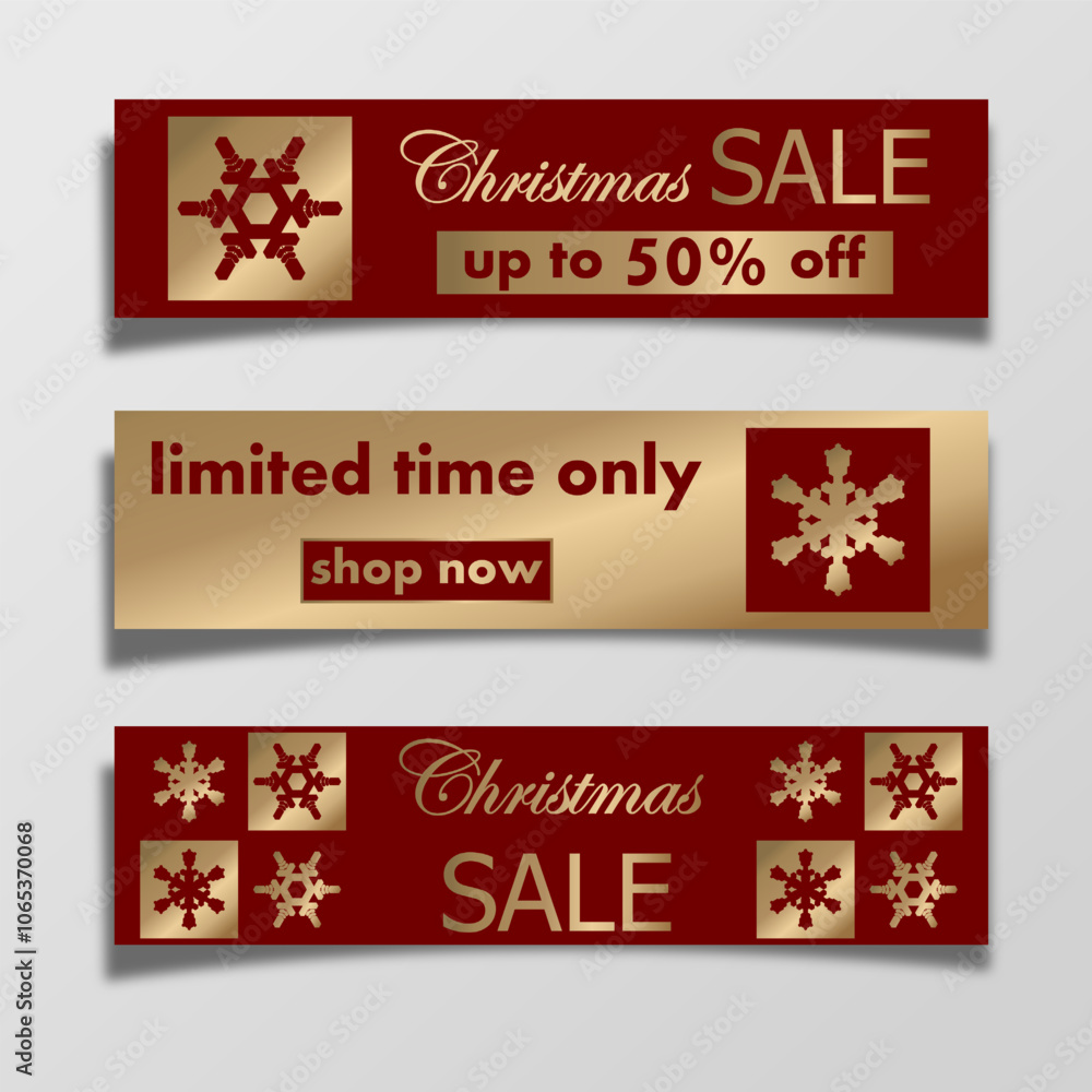 Naklejka premium christmas sale, set of templates discount banner design with snowflakes and text. elegant vector illustration to promote purchases in the winter season in red with gold for flyer, poster, header