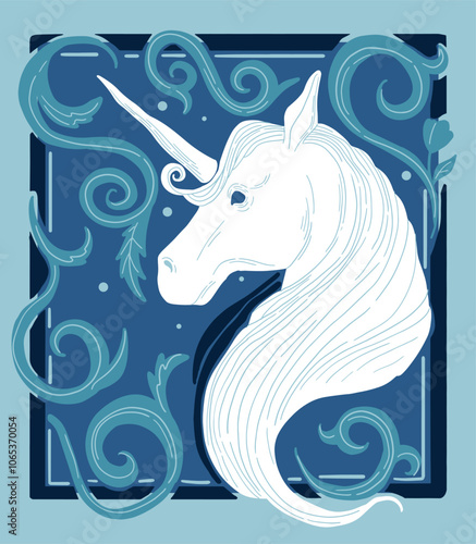 medieval style illustration, fantasy, unicorn, blue, gravure style, white and blue colors, horse with a horn