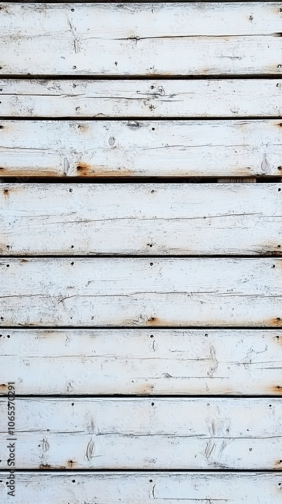 Fototapeta premium Weathered white wooden planks create rustic texture, showcasing natural imperfections and subtle color variations in a timeless, shabby chic backdrop.