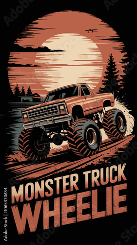 Monster Truck Wheelie Sunset Vintage Design