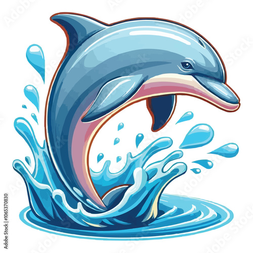 Dolphin Jumping Out of Water vector illustration isolated on white background, bright colorful , cartoon style