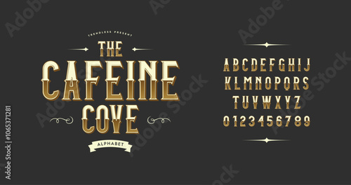 The Caffeine Cove: A display typeface collection with a vintage-modern feel. Golden, stylish, and timeless typography for elegant projects. Vector illustration.
