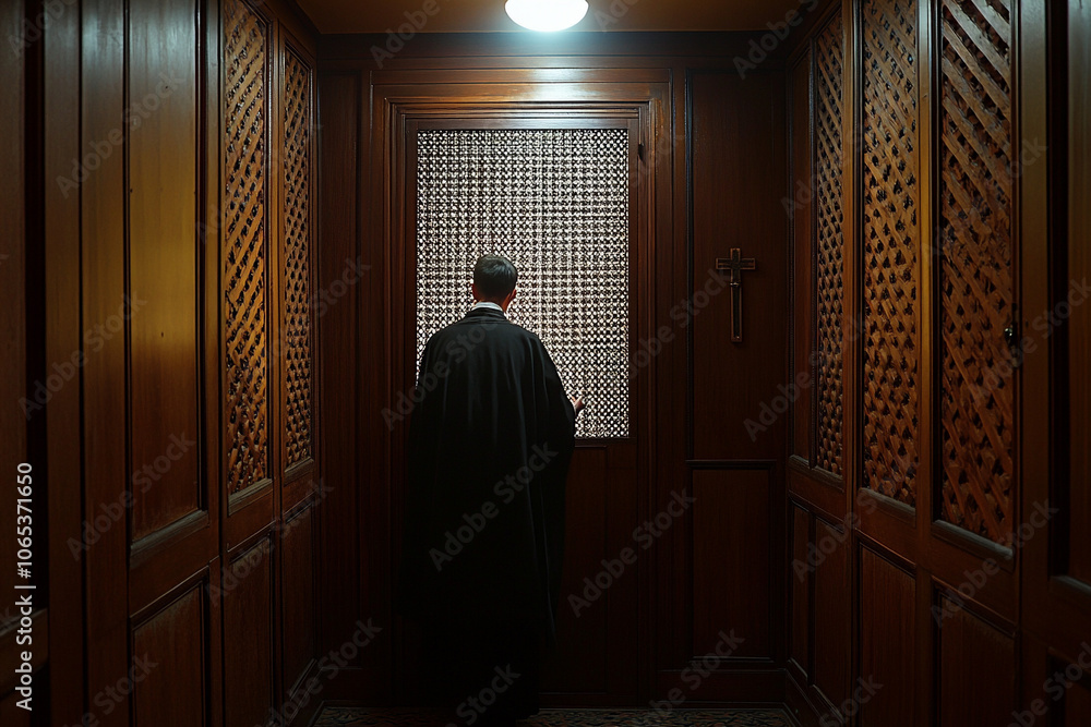 priest in the confessional, cleric in solitude, with piety priest in the confessional, cleric in solitude, with piety